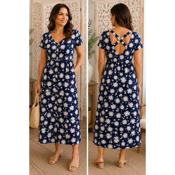 Maeve by Anthropologie Dresses & Skirts - Maeve Anthropologie Navy Blue Floral Button Front Midi Dress Strappy Back 0P